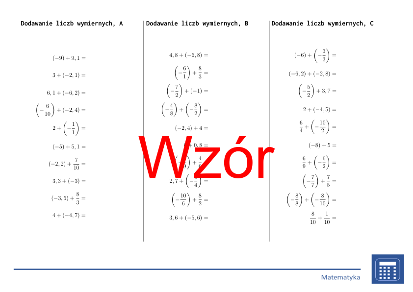 Dodawanie liczb wymiernych | matematyka | 26 kolumn
