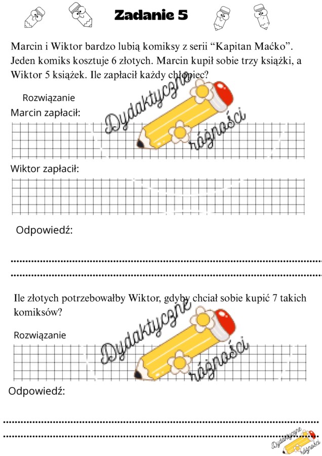 Mnożenie w zakresie 50. Zadania z treścią w wersji normalnej i rozbudowanej dla uczniów szybciej pracujących.