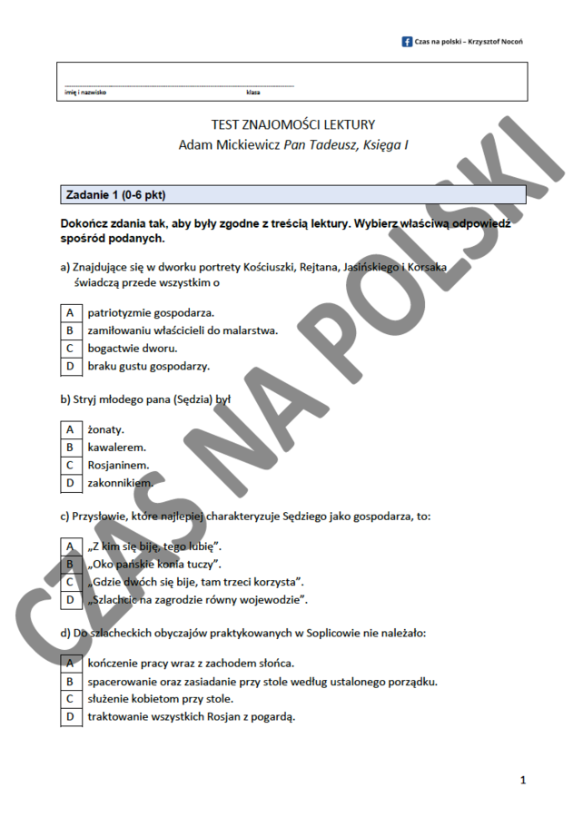 Test – "Pan Tadeusz", Księga I