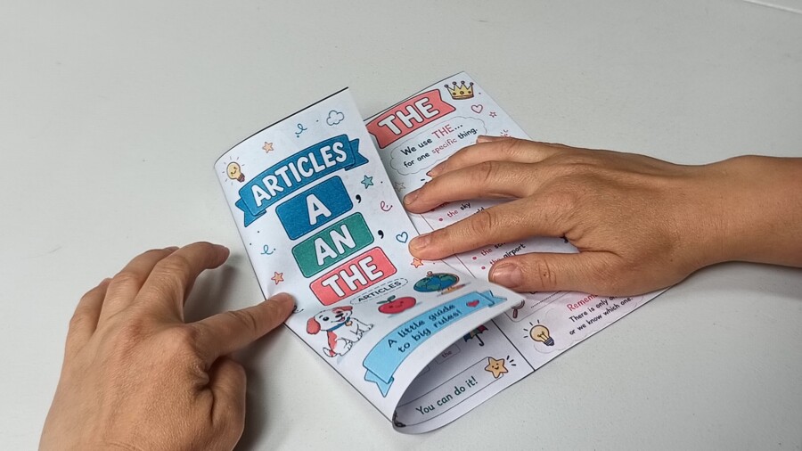 ARTICLES: A, AN, THE – składana miniksiążeczka + ćwiczenia | A1–A2 | PDF