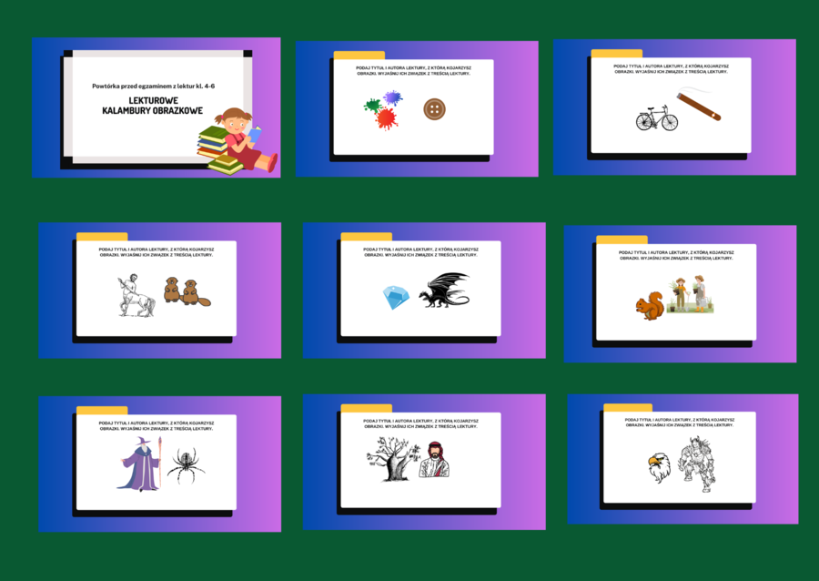 LEKTUROWE KALAMBURY OBRAZKOWE – prezentacja – 44 slajdy – lektury kl. 4-6 – powtórzenie