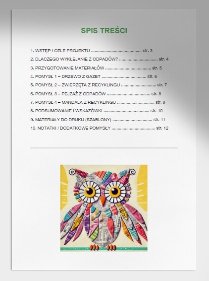 Wyklejanie z materiałów odpadowych. Drzewo z gazet. Sowa z nakrętek. Mandala