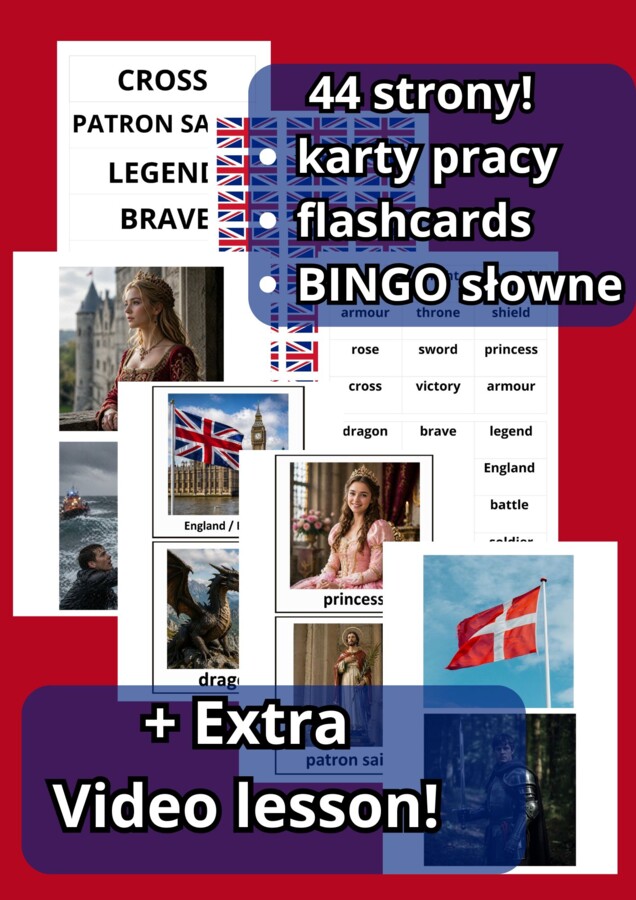 St. George's Day – Zestaw lekcyjny | Klasy 4–6 | Karta pracy + Flashcards + Bingo słowne