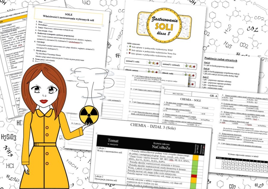 Chemia Klasa 8. Sole. Kompletny PAKIET materiałów do całego działu dla nauczyciela. Prezentacja. Karta pracy. Gra dydaktyczna. Zadanie. Powtórzenie wiadomości. Kartkówka. Sprawdzian.