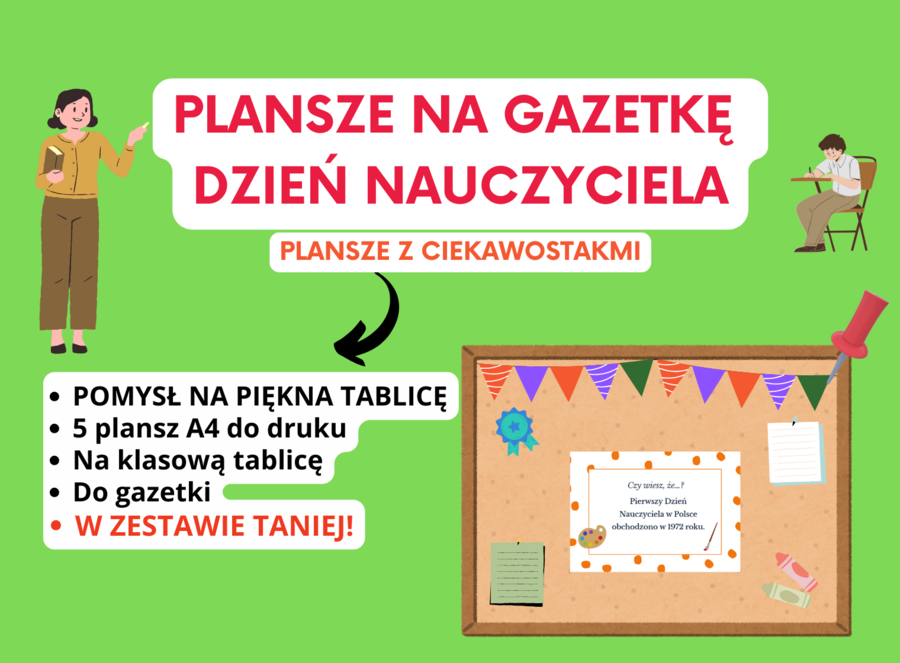 🧠 Plansze z ciekawostkami na gazetkę szkolną z okazji Dnia Nauczyciela (5 plansz A4), szkoła podstawowa, świetlica, godzina wychowawcza