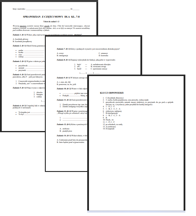 Sprawdzian 10 części mowy + klucz odpowiedzi