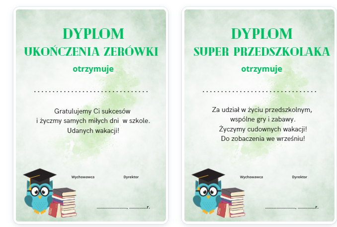 Dyplom na zakończenie przedszkola i zerówki - jeden motyw