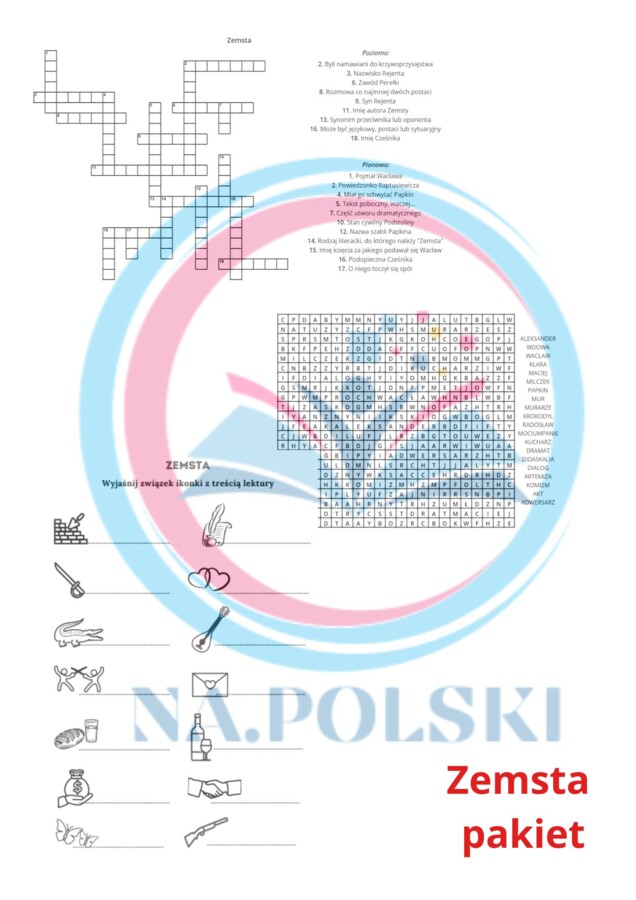 Pakiet "Zemsta" - krzyżówka, wykreślanka, ikonki skojarzeniowe