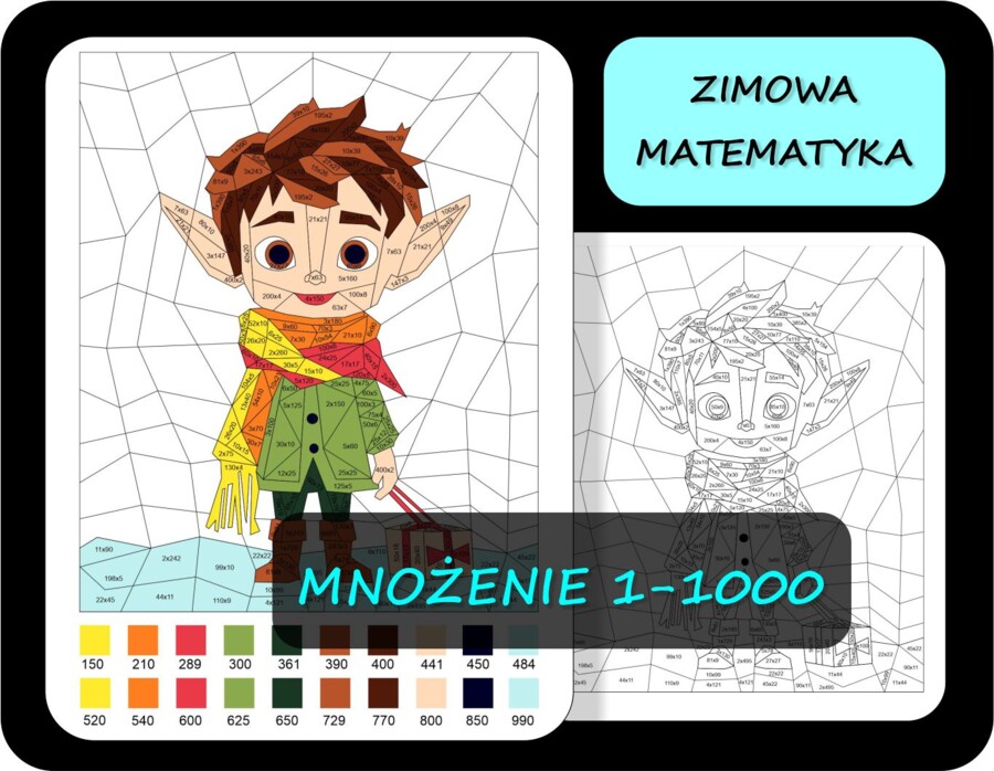 Kolorowanka matematyczna, mnożenie 1-1000, tabliczka mnożenia, świąteczna matematyka, mnożenie liczb dwucyfrowych 5 ELF