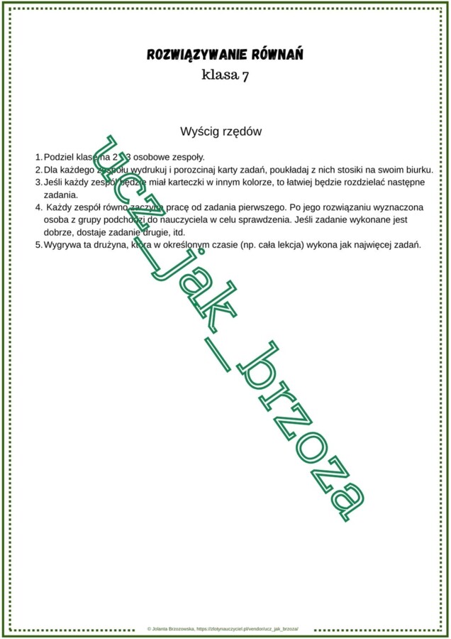 Rozwiązywanie równań, równania, klasa 7, praca w grupach, wyścigi rzędów