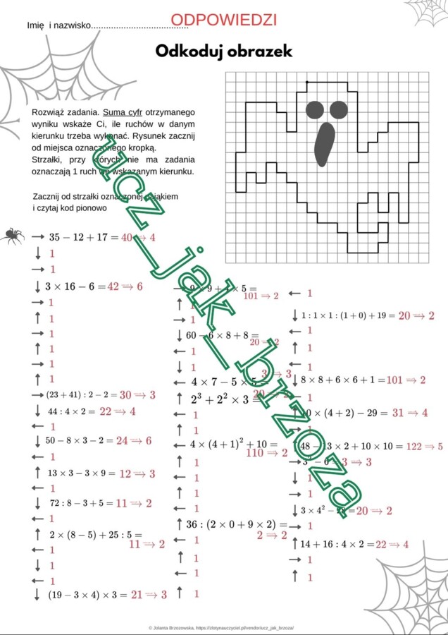 Halloween na matematyce, kodowanie, kolejność działań, klasy 4 - 5