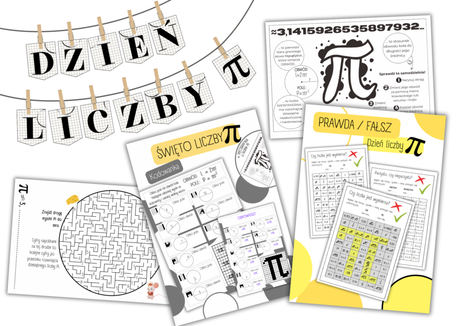 PAKIET MATERIAŁÓW - DZIEŃ LICZBY PI/ ŚWIĘTO LICZBY PI - kodowanka/ pole/ obwód koła/ liczba wymierna/ niewymierna/ rozwinięcie dziesiętne/ infografika/ napis