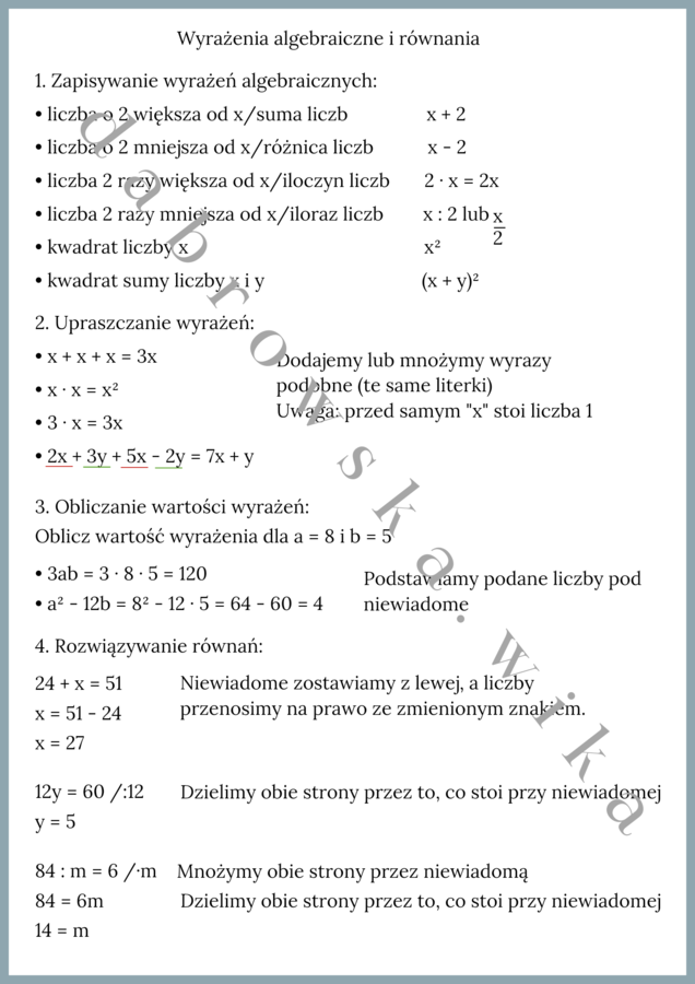 Wstęp do wyrażeń algebraicznych i równań - notatka