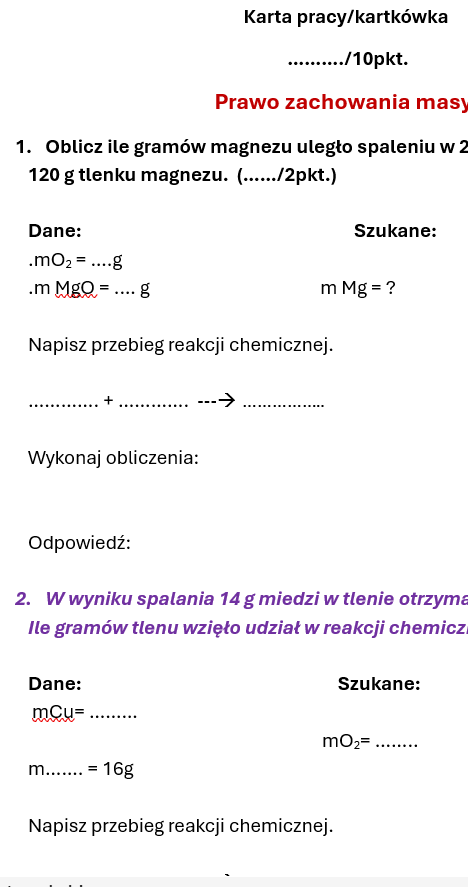 Karta pracy/kartkówka Prawo zachowania masy