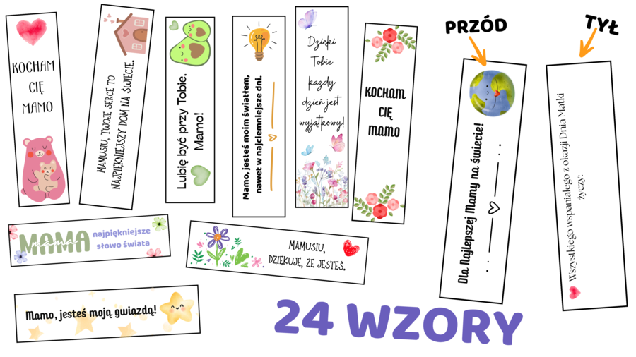 Zakładki na Dzień Matki – 24 gotowe wzory do druku 🌸Piękny i szybki prezent dla mamy od dziecka/dwustronne-miejsce na imię ucznia