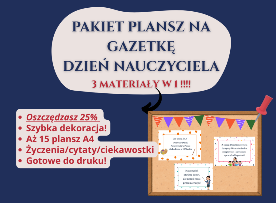 📚 Plansze na gazetkę szkolną z okazji Dnia Nauczyciela – zestaw 15 plansz A4 (cytaty, życzenia, ciekawostki), Szkoła podstawowa • Świetlica • Godzina wychowawcza
