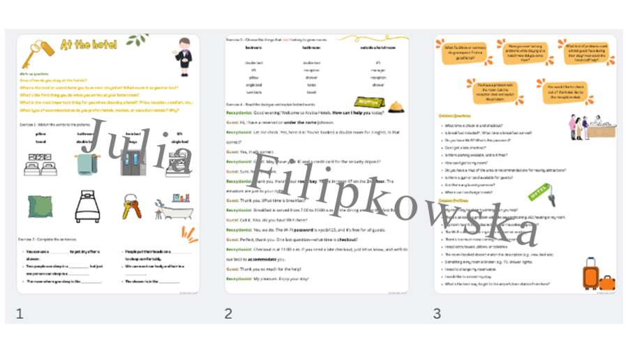 Zestaw zadań/ karta pracy/ zadania/ mówienie/ słownictwo/ Liceum / Dorośli / At the hotel / Hotel/ W hotelu/ Praktyczne/ Gotowa lekcja