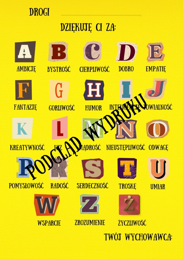Podziękowania dla uczniów na koniec roku - wersja żółta.