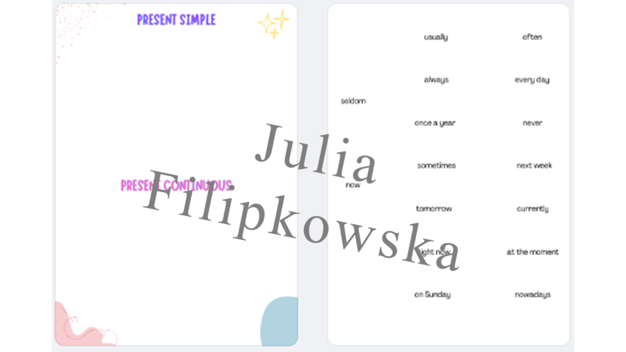 Present Simple vs Present Continuous/ signal words/ plansza / określenia czasu/ porównanie/ dopasowanie/ przyklejanie/ rozgrzewka/ warm-up/ Klasy 4-6/ Klasa 6