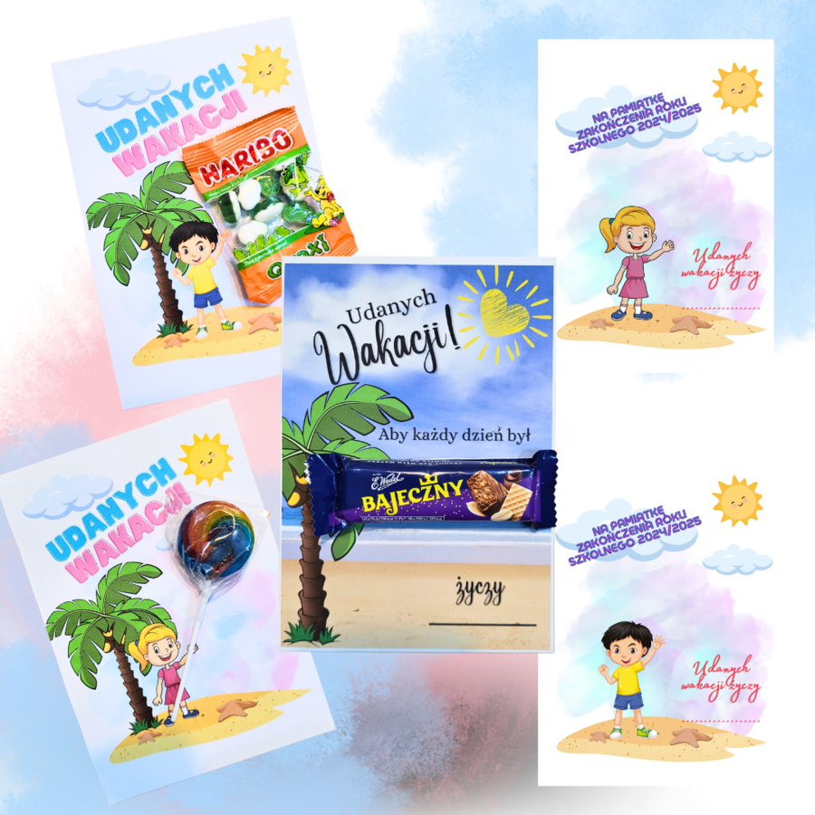 Karteczki na koniec roku szkolnego 2024/2025 z miejscem na słodycze