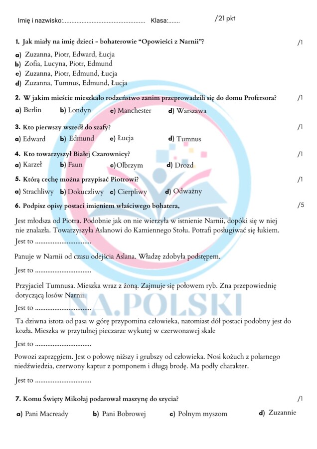 Opowieści z Narnii - kartkówka