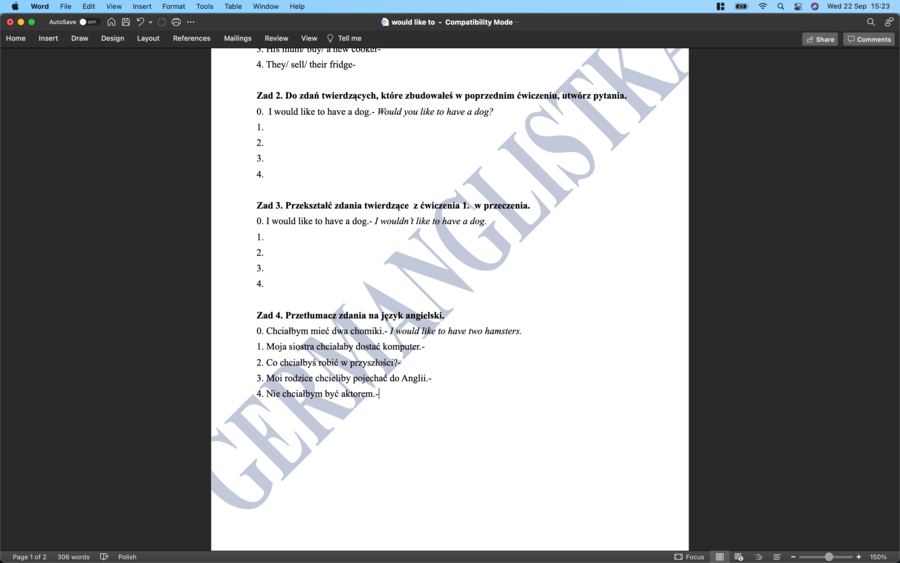 Would like to - ćwiczenia dla uczniów szkół podstawowych