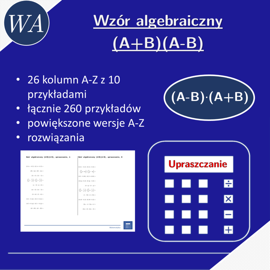 Wzór algebraiczny (A+B)(A-B), upraszczanie | matematyka, algebra | 26 kolumn