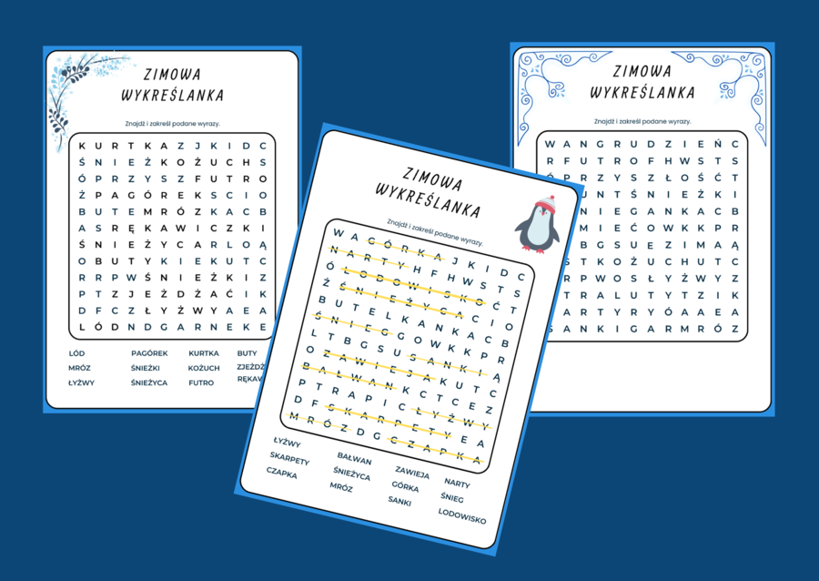 ZIMOWA WYKREŚLANKA - zima - 3 wersje - ćwiczenia redakcyjne, ortograficzne