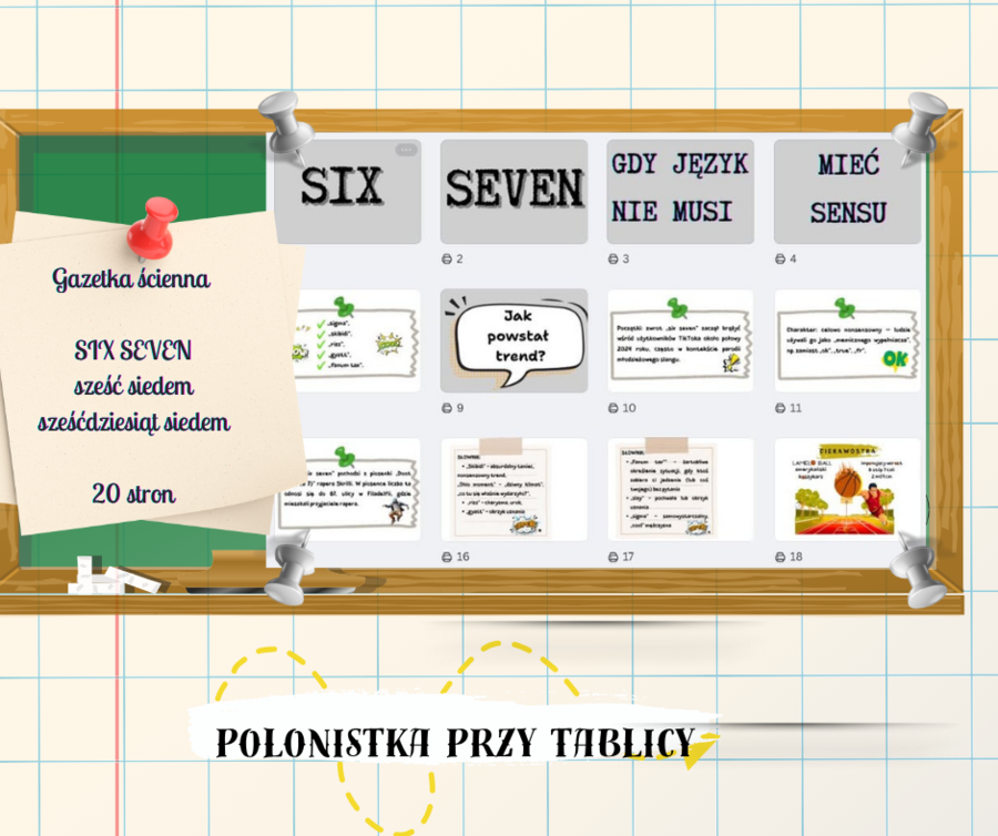 Gazetka „SIX SEVEN — gdy język nie musi mieć sensu” gazetka ścienna, gazetka całoroczna, młodzieżowe słowo roku