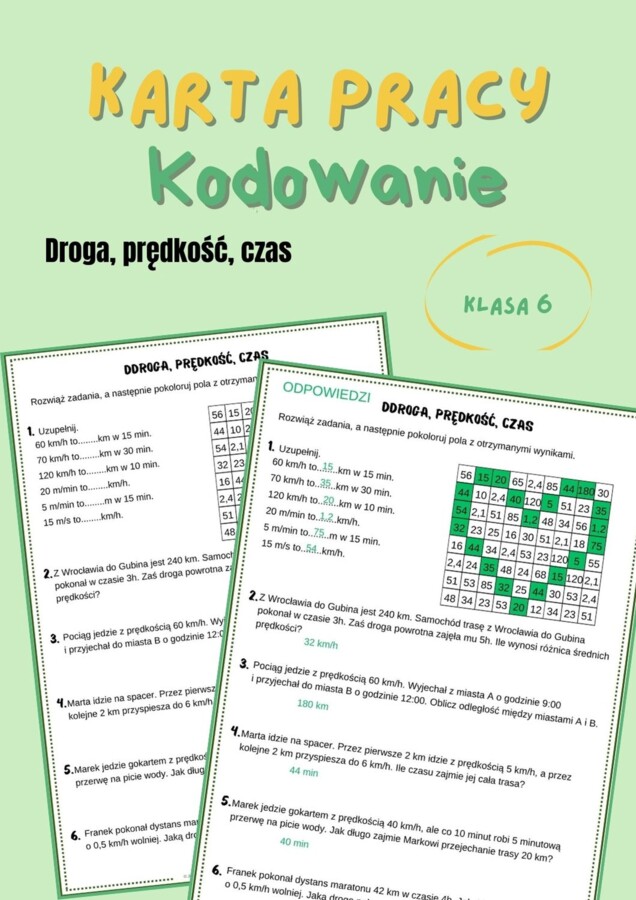 Droga, prędkość, czas, karta pracy, kodowanie, klasa 6, walentynki