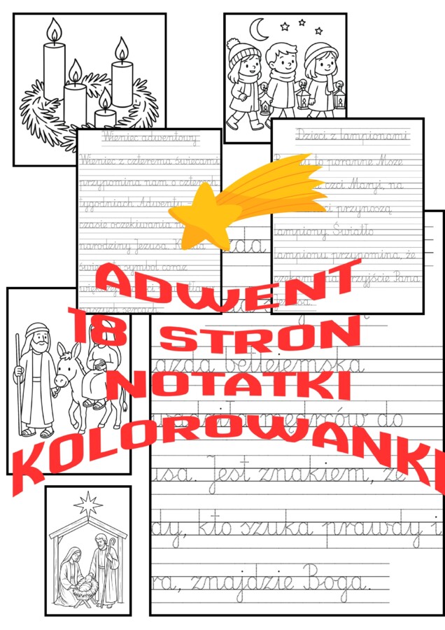9 pięknych kolorowanek adwentowo-bożonarodzeniowych oraz 9 kart do pisania po śladzie.