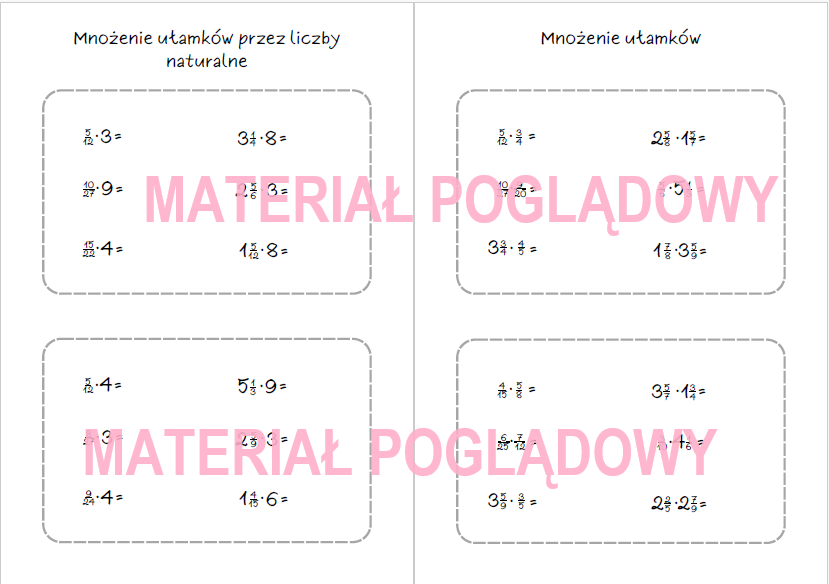 Szybkie karteczki - dodawanie, odejmowanie, mnożenie, dzielenie ułamków, działania na ułamkach (karta pracy, kartkówka kl 4, 5, 6, 7, 8)