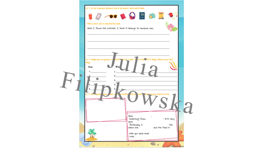 Summer Holidays / Wakacyjny zestaw zadań/ karta pracy / Gotowa lekcja / Lato / Wakacje / Zadania/ Mówienie/ Słownictwo/ Klasy 4-6 Materiał cyfrowy