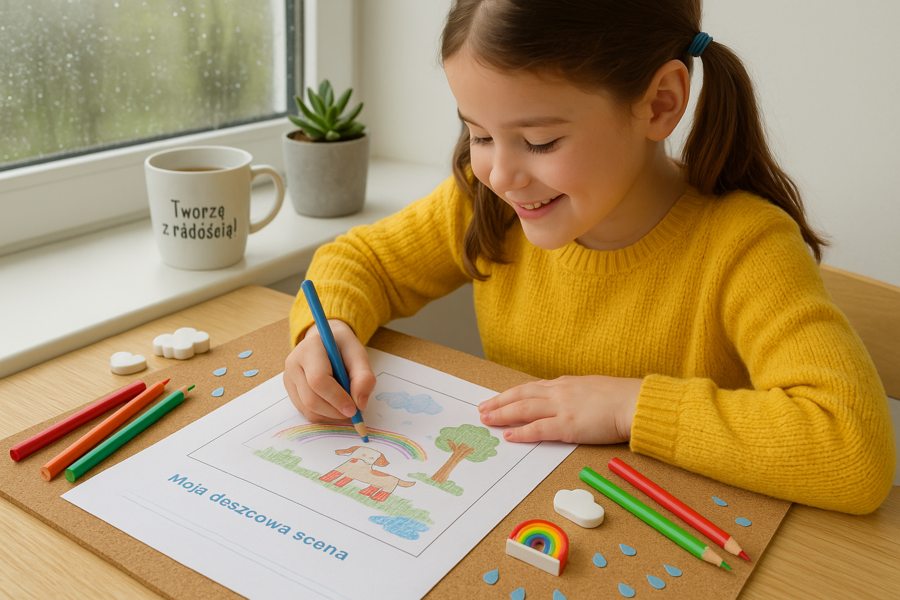 Karta pracy: "Deszczowy dzień – rysunek i opowiadanie"