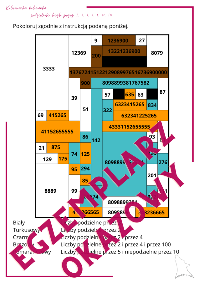 Kolorowanka - kodowanka - podzielność liczb przez 2, 3, 4, 5, 9, 10, 100
