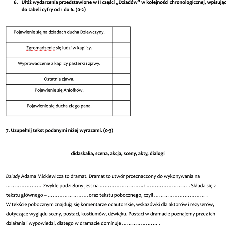 "Dziady" cz. II - sprawdzian wiedzy i umiejętności (po omówieniu lektury)