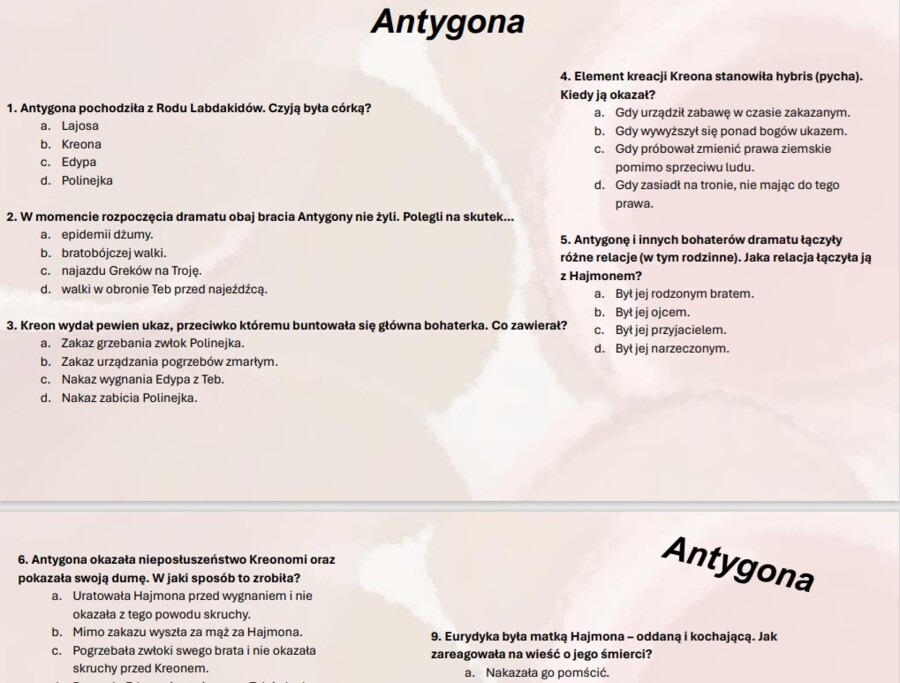 Test wprowadzający z lektury Antygona