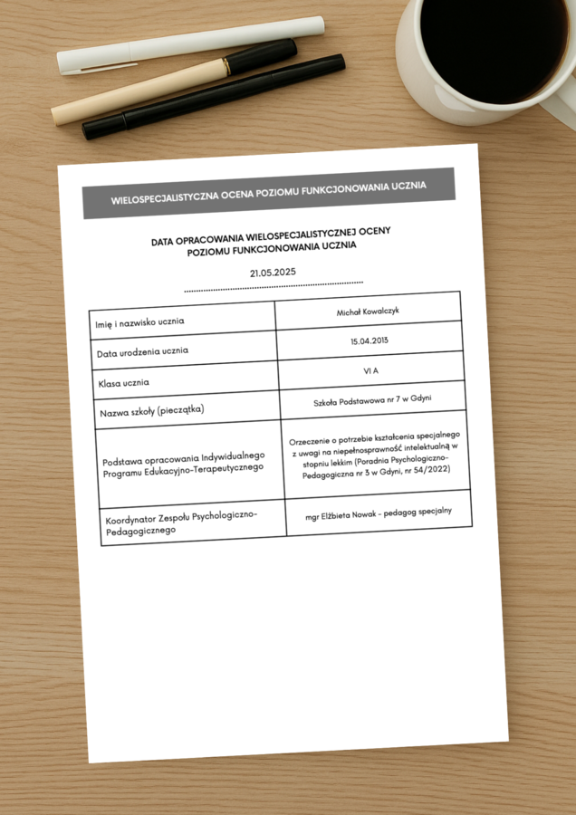 WOPFU – przykład dla ucznia z niepełnosprawnością intelektualną w stopniu lekkim (klasa 6)