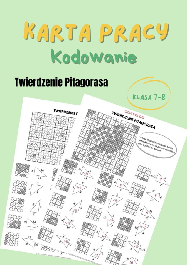Twierdzenie Pitagorasa, karta pracy - kodowanie, klasa 7 i 8, edukacja domowa