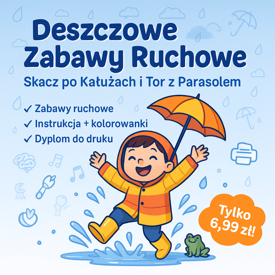 Zabawy ruchowe w sali: „Skacz po kałużach” (z niebieskich kartek), tor przeszkód z parasolem
