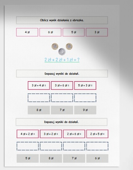 Obliczenia pieniężne - dodawanie w zakresie do 10. Karta pracy. Sprawdzian