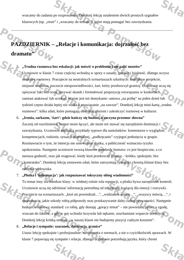 Klasa 7 - godziny wychowawcze | 40 tematów z krótkim omówieniem (plan na cały rok) | lekcje wychowawcze (DOCX)