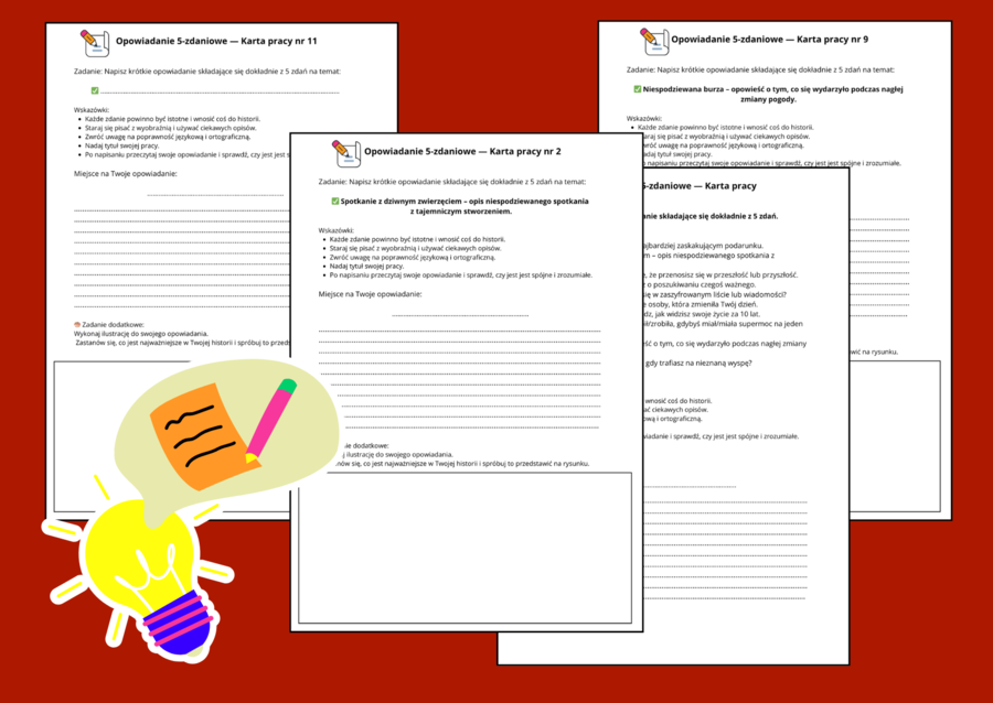 OPOWIADANIE 5-ZDANIOWE – 12 kreatywnych kart pracy dla uczniów - KL. 4-8 - karta pracy - ĆWICZENIA REDAKCYJNE - opowiadanie