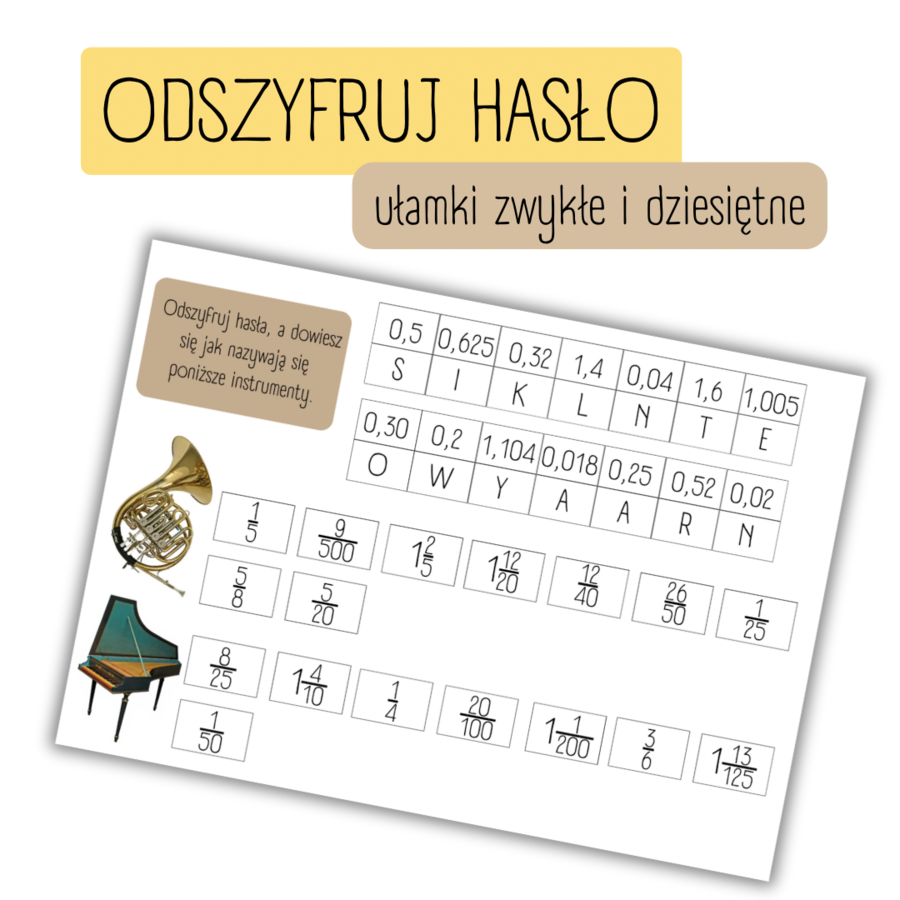 ODSZYFRUJ HASŁO - ułamki zwykle i dziesiętne, zamiana.