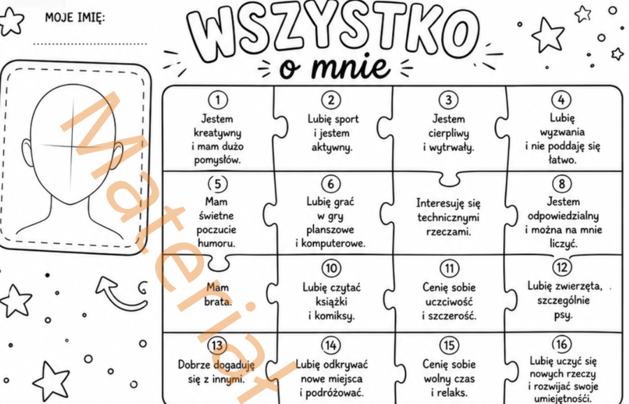 Karty pracy: puzzle " Wszystko o mnie..."  dla uczestników kolonii, półkolonii,