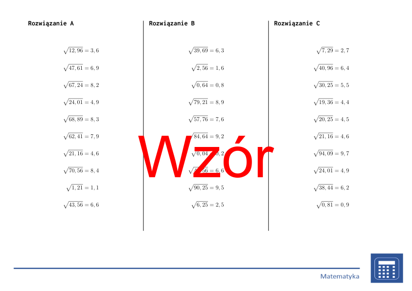 Pierwiastek kwadratowy liczb dziesiętnych | matematyka | 26 kolumn