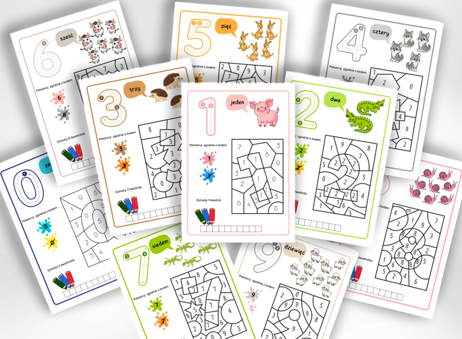CYFRY 0-9 - karty pracy, kolorowanka, kodowanka, kodowanie, liczenie, zerówka, klasa 1