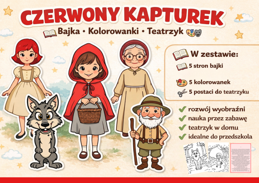 Czerwony Kapturek – bajka, kolorowanki i teatrzyk dla dzieci 🎭📖