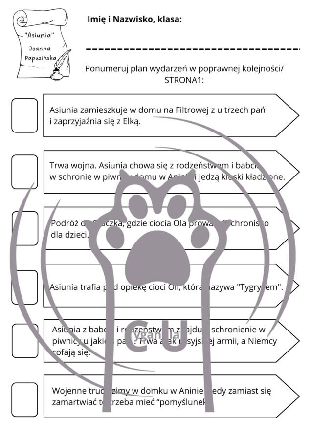 Karty Pracy z odpowiedziami do lektury „Asiunia” Joanny Papuzińskiej