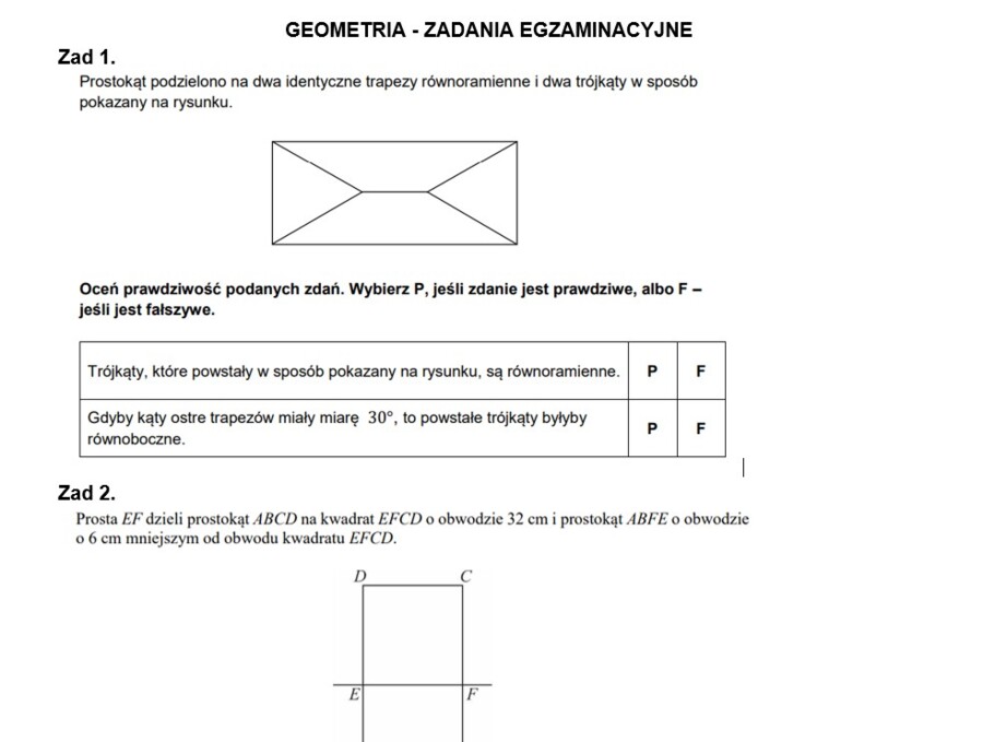 Geometria - trójkąty i czworokąty, pola - zadania egzaminacyjne (także dla klasy 6)